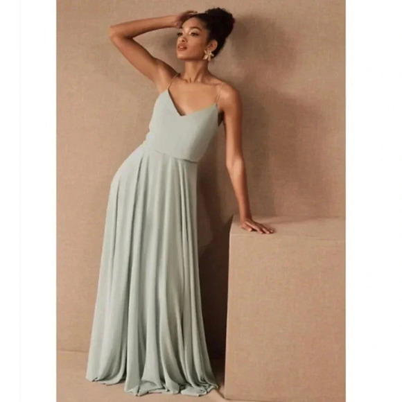 NWT Anthropologie BHLDN Jenny Yoo Inesse Dress Maxi Long Wedding Morning Mist 2 - Picture 1 of 9